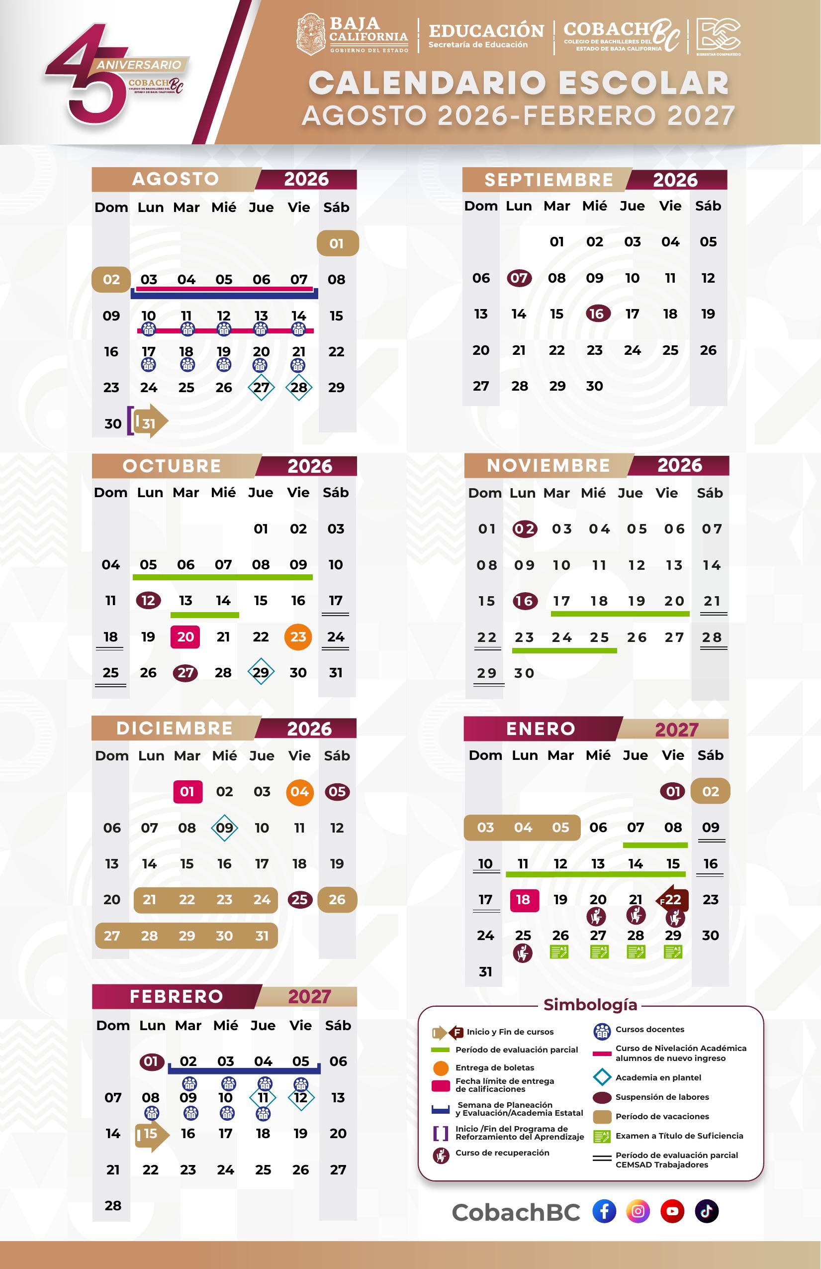 Calendario COBACH 2026-2027